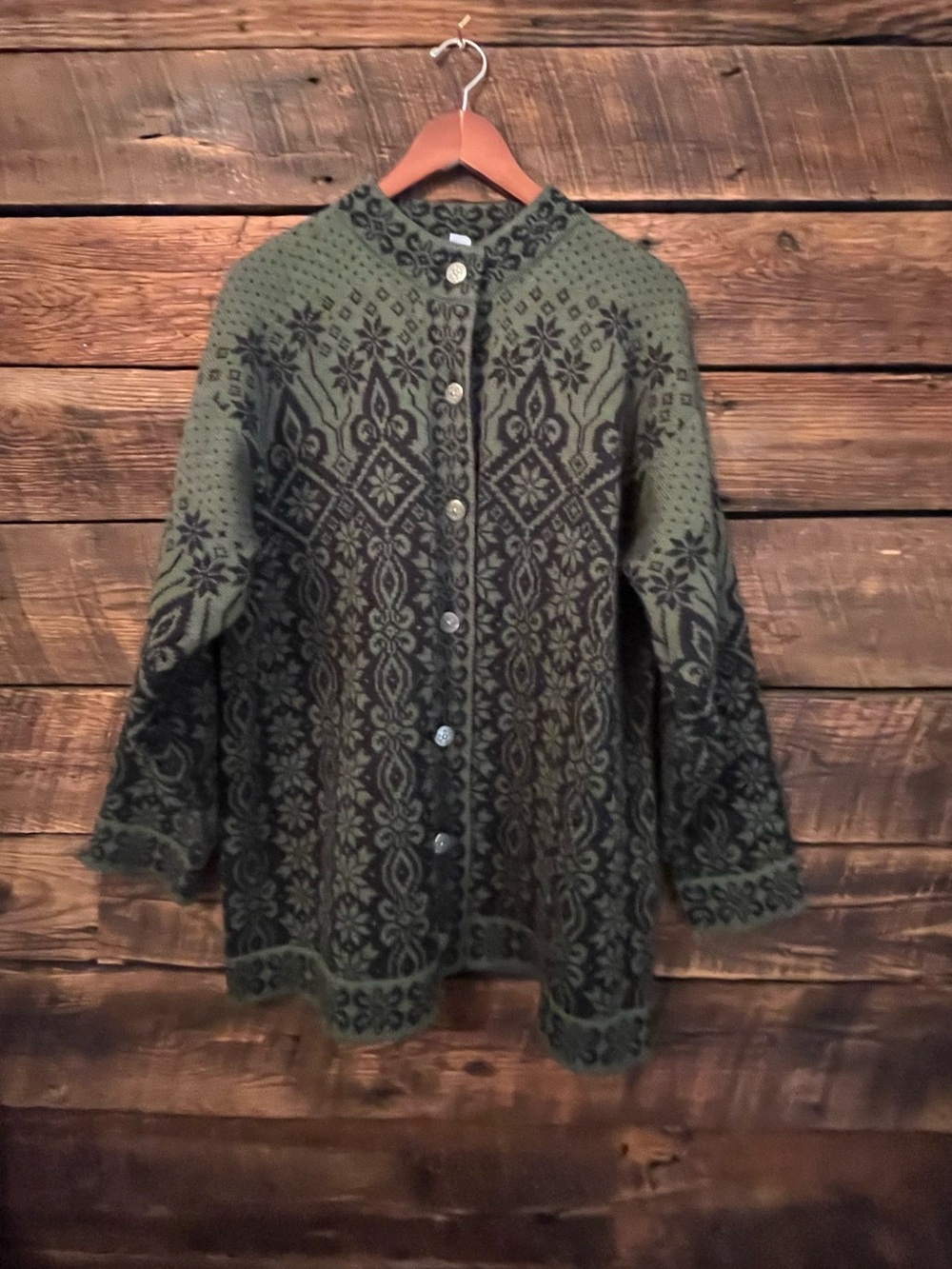 Vintage Dale of Norway wool long cardigan Nordic Folk Print decorative buttons L